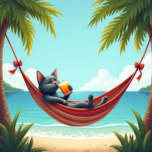 A Russian Blue cat lounging in a hammock tied between two palm trees, sipping a fruit juice while enjoying the sea breeze