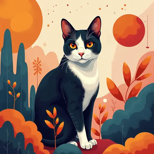 A cat(American Shorthair) in a modern abstract art background, surrounded by colorful geometric shapes