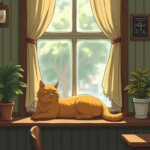 cat Lie on the windowsill of the café, in a style similar to Hayao Miyazaki