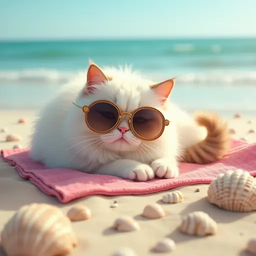 A Ragdoll cat in oversized sunglasses, napping on a beach towel while surrounded by seashells and a gentle breeze on a sunny beach