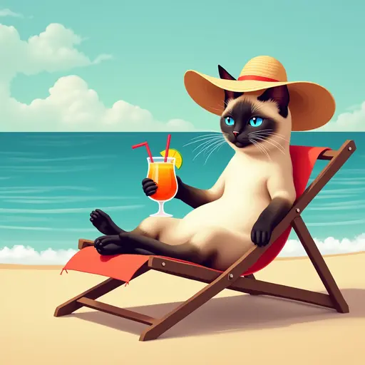 A sleek Siamese cat in a stylish sun hat, lounging on a beach chair with a tropical cocktail, while the gentle waves lap at its feet on a vibrant beach.