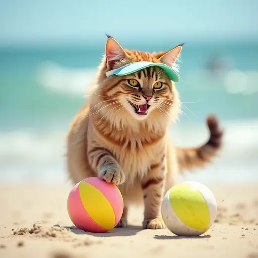 A Maine Coon cat with a beach ball, playfully batting at it on the sand while wearing a sun visor on a bright summer day