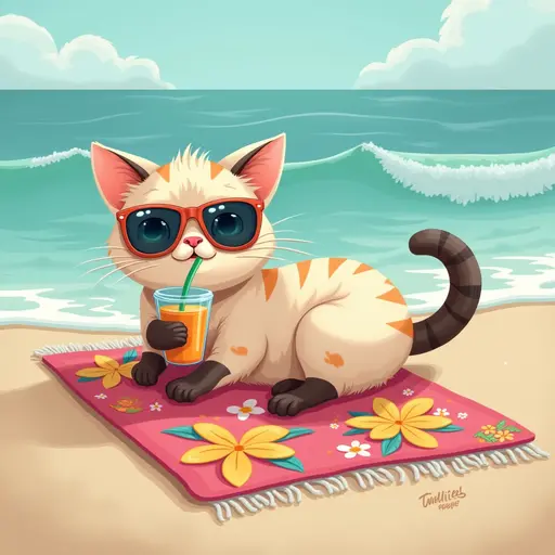 A charming Exotic Shorthair cat relaxing on a beach towel adorned with colorful patterns, sipping a tropical smoothie and listening to the sound of waves.