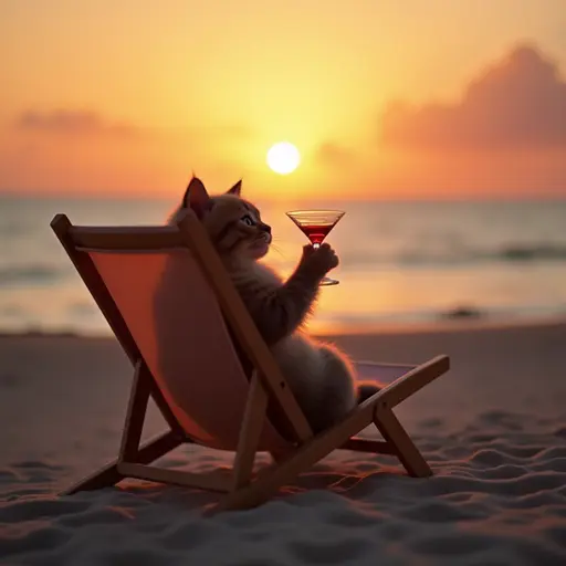 A Scottish Fold cat sitting in a beach chair, sipping from a tiny cocktail glass while watching the sunset on a warm beach evening