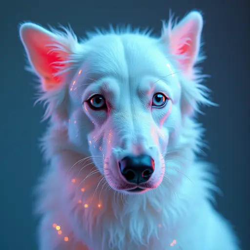 a hyper realistic image in 4K of albino dog that looks wears a second skin made of liquid metal shiney glass on her face that shines in neon transparent like glue, similar to an instagram filter