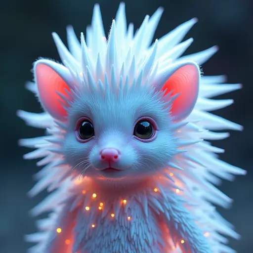 a hyper realistic image in 4K of albino Hedgehog that looks wears a second skin made of liquid metal shiney glass on her face that shines in neon transparent like glue, similar to an instagram filter