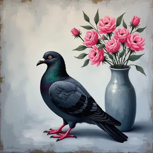 Abstract textured painting of a black Pigeon sitting next to a vase with pink flowers, in the style of Ann Froud and Paulina P., against a gray background.