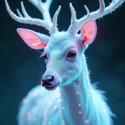 a hyper realistic image in 4K of albino Deer that looks wears a second skin made of liquid metal shiney glass on her face that shines in neon transparent like glue, similar to an instagram filter