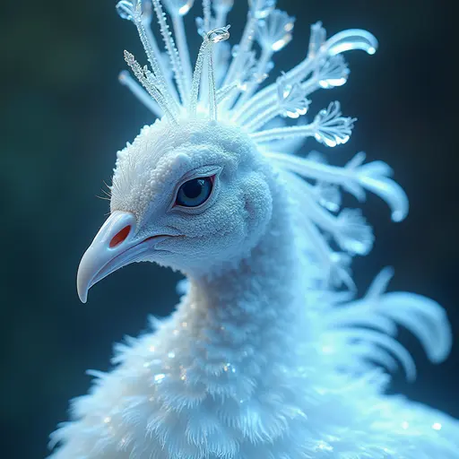 a hyper realistic image in 4K of albino Peacock that looks wears a second skin made of liquid metal shiney glass on her face that shines in neon transparent like glue, similar to an instagram filter