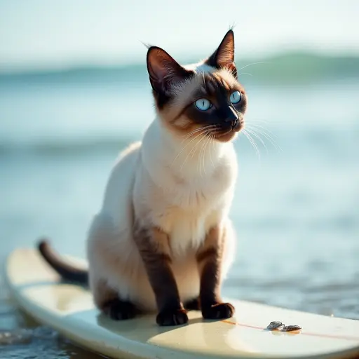 A sleek Siamese cat sitting on a surfboard, ready to catch a wave, with its fur blowing in the wind and the ocean stretching out behind it.