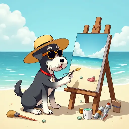 A dog(Miniature Schnauzer) in a sun hat and sunglasses, painting a canvas of the beach scene, with easels and art supplies scattered around, in the style of Miyazaki.