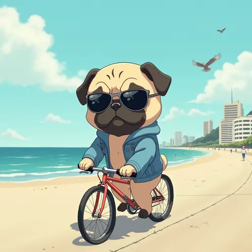 A Pug wearing a denim jacket and sunglasses, riding a bicycle along the beach promenade, with the ocean breeze blowing, in the style of Miyazaki