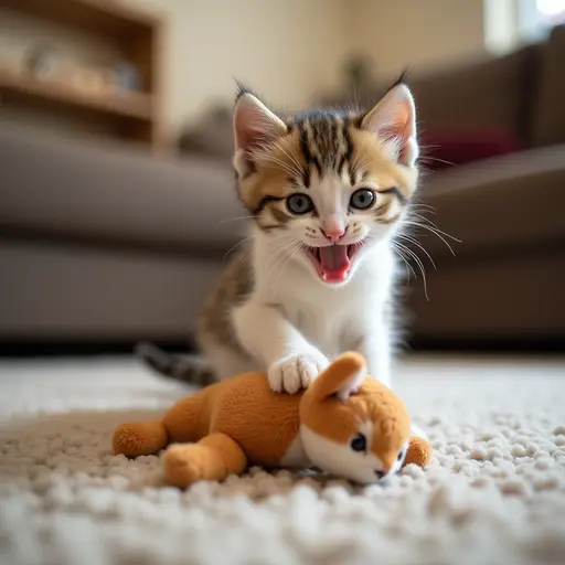 A kitten is playing with a plush toy cat in the living room, occasionally pouncing and nibbling on it, appearing very happy.