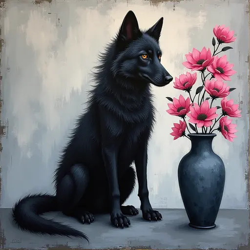 Abstract textured painting of a black Wolf sitting next to a vase with pink flowers, in the style of Ann Froud and Paulina P., against a gray background.