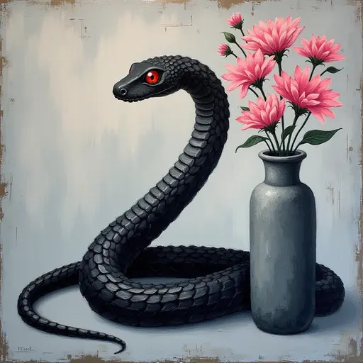 Abstract textured painting of a black Snake sitting next to a vase with pink flowers, in the style of Ann Froud and Paulina P., against a gray background.