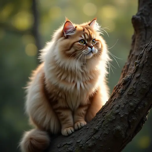 A fluffy Persian cat with a regal expression, sitting majestically at the highest point of a tree, observing the world below with deep, thoughtful eyes.