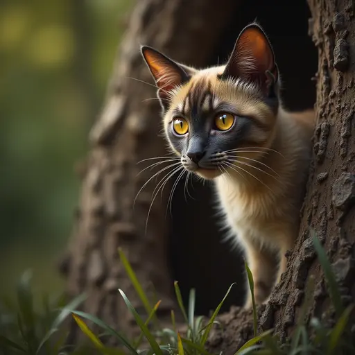 A shy Burmese cat peeking from behind a thick tree trunk, its golden eyes shining with curiosity as it watches other animals play below.