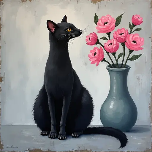 Abstract textured painting of a black Weasel sitting next to a vase with pink flowers, in the style of Ann Froud and Paulina P., against a gray background.