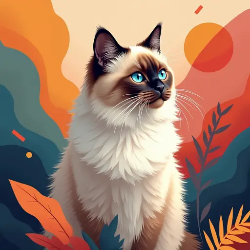 A cat(Birman Cat) in a modern abstract art background, surrounded by colorful geometric shapes