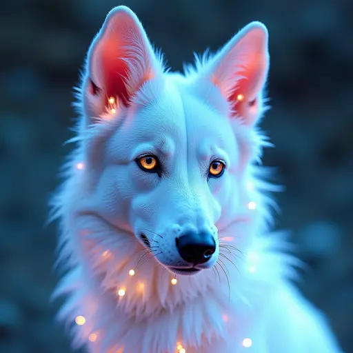 a hyper realistic image in 4K of albino Dingo that looks wears a second skin made of liquid metal shiney glass on her face that shines in neon transparent like glue, similar to an instagram filter