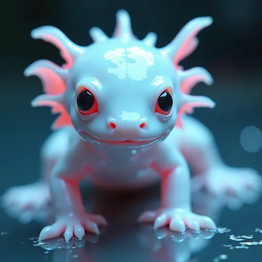 a hyper realistic image in 4K of albino Axolotl that looks wears a second skin made of liquid metal shiney glass on her face that shines in neon transparent like glue, similar to an instagram filter