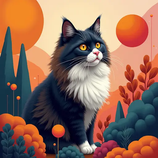 A cat(Norwegian Forest Cat) in a modern abstract art background, surrounded by colorful geometric shapes