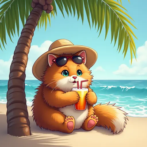 A fluffy Norwegian Forest cat wearing a straw hat, relaxing under a palm tree while sipping on a refreshing drink, with waves lapping nearby.