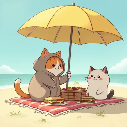 A cat in a cozy beach hoodie, enjoying a picnic with sandwiches and fruit under a large umbrella, with friends nearby, in the style of Miyazaki.