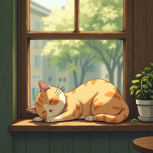 cat lie on the windowsill of the cafe, with its eyes closed, it is about to fall asleep, detailed, cartoon, Hayao Miyazaki style similar