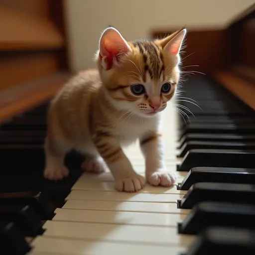 A kitten walks across the piano, its little paws lightly pressing on the keys, producing sweet notes as if performing a song of its own.