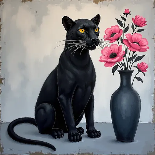 Abstract textured painting of a black Leopard sitting next to a vase with pink flowers, in the style of Ann Froud and Paulina P., against a gray background.