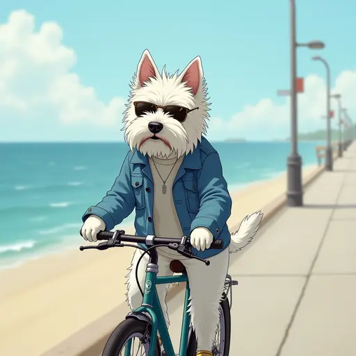 A cat(West Highland White Terrier) wearing a denim jacket and sunglasses, riding a bicycle along the beach promenade, with the ocean breeze blowing, in the style of Miyazaki