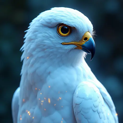 a hyper realistic image in 4K of albino Falcon that looks wears a second skin made of liquid metal shiney glass on her face that shines in neon transparent like glue, similar to an instagram filter