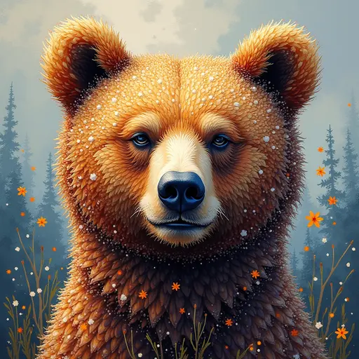 A pointillism style painting of a Bear