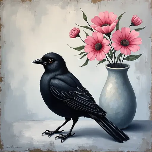 Abstract textured painting of a black Sparrow sitting next to a vase with pink flowers, in the style of Ann Froud and Paulina P., against a gray background.