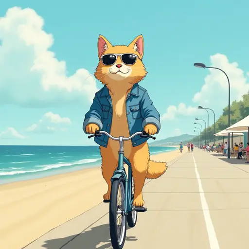 A cat wearing a denim jacket and sunglasses, riding a bicycle along the beach promenade, with the ocean breeze blowing, in the style of Miyazaki