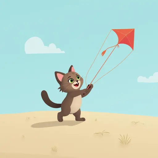 A Javanese cat with a small kite, flying it high in the sky while playing on the beach with friends on a sunny day