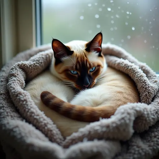 A Siamese cat curled into a tight ball, nestled in a soft blanket on a rainy day, with raindrops visible on the window.