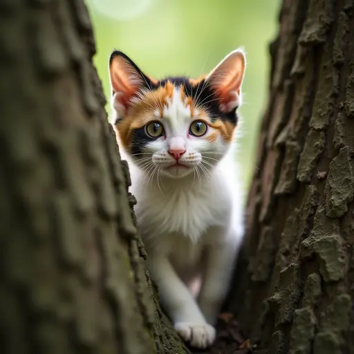 A small Calico cat cautiously climbing higher in a tree, her expressive eyes darting around, filled with a mix of fear and excitement at the height.