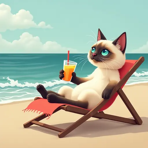 A regal Balinese cat relaxing in a beach chair, sipping a fruity drink while watching the waves roll in on a warm summer day.