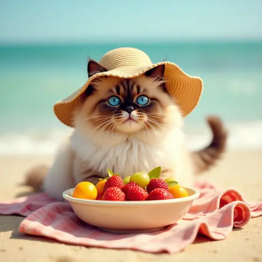 A fluffy Himalayan cat wearing a sun hat, lounging on a beach towel with a large bowl of fresh fruit, enjoying a sunny beach day.