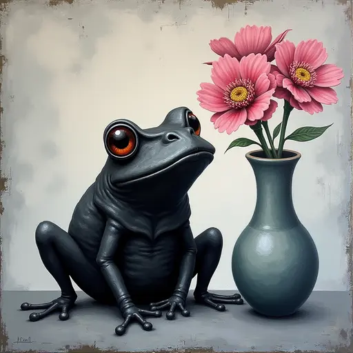 Abstract textured painting of a black Toad sitting next to a vase with pink flowers, in the style of Ann Froud and Paulina P., against a gray background.