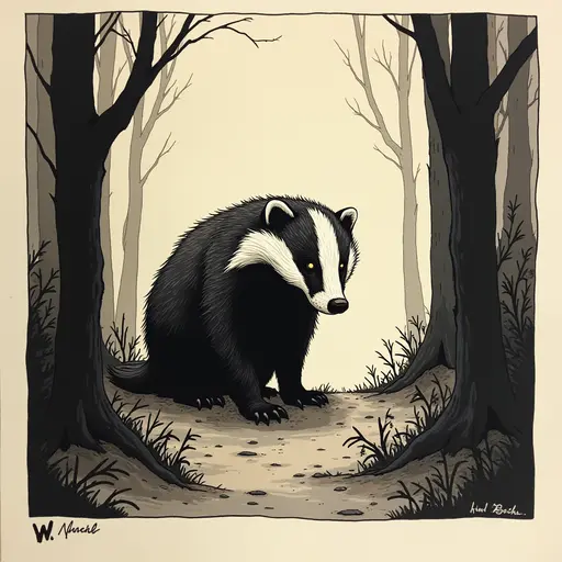 Minimalist ink, survival horror, prowling Badger