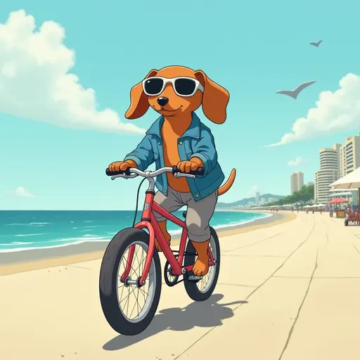 A Dachshund wearing a denim jacket and sunglasses, riding a bicycle along the beach promenade, with the ocean breeze blowing, in the style of Miyazaki