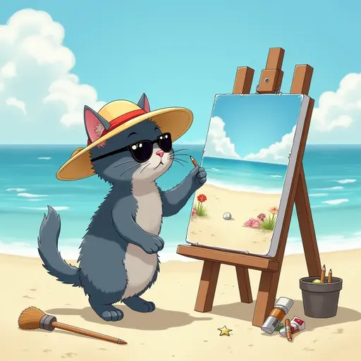 A cat(Russian Blue) in a sun hat and sunglasses, painting a canvas of the beach scene, with easels and art supplies scattered around, in the style of Miyazaki.