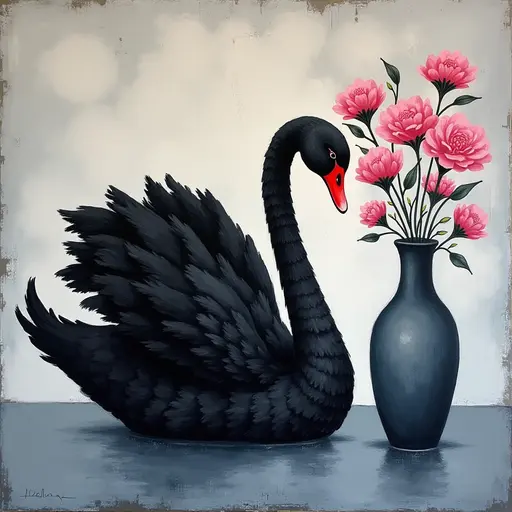 Abstract textured painting of a black Swan sitting next to a vase with pink flowers, in the style of Ann Froud and Paulina P., against a gray background.