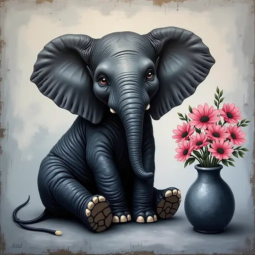 Abstract textured painting of a black Elephant sitting next to a vase with pink flowers, in the style of Ann Froud and Paulina P., against a gray background.