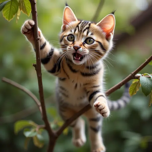 A lively American Shorthair cat climbing energetically, its bold stripes standing out, eyes wide with excitement as it prepares to leap to the next branch.