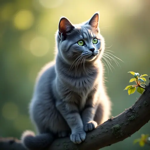 A charming Russian Blue cat sitting on a high branch, its silver-blue coat glistening in the sunlight, gazing thoughtfully into the distance with emerald eyes.