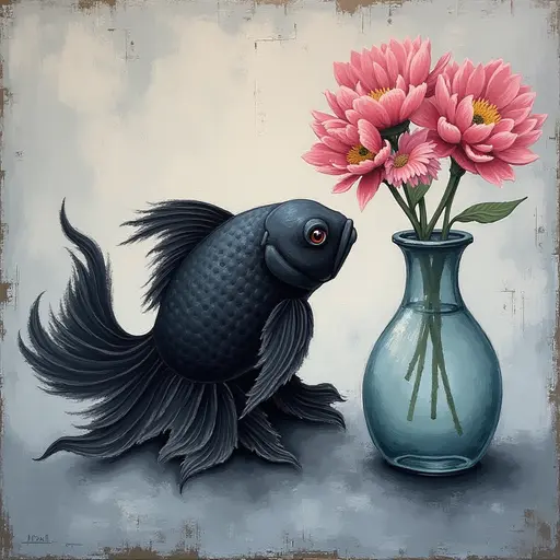 Abstract textured painting of a black Goldfish sitting next to a vase with pink flowers, in the style of Ann Froud and Paulina P., against a gray background.